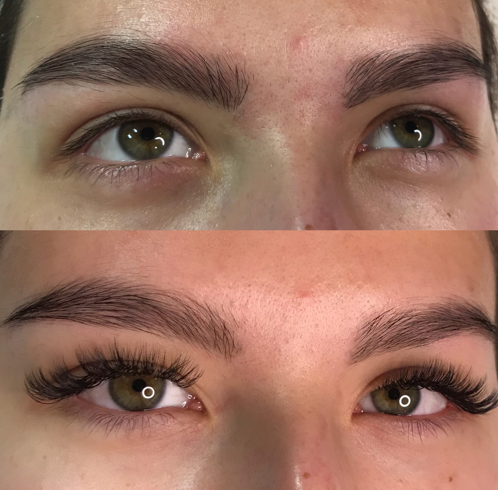 before & after of brow clean up with a eyelash extesions service.
